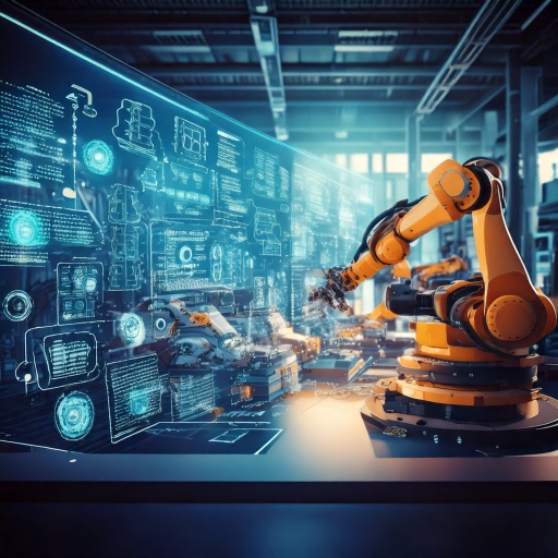 Ein hochmoderner Industrieroboterarm arbeitet in einer smarten Fabrikumgebung. Digitale holografische Anzeigen mit technischen Daten und Steuerungsinformationen schweben vor dem Roboter, der präzise Fertigungsaufgaben ausführt. Im Hintergrund sind weitere automatisierte Maschinen in einer hochentwickelten Produktionshalle zu sehen, die den Fortschritt der Industrie 4.0 symbolisieren.