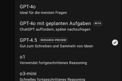 Screenshot von der KI-Modell-Auswahl in ChatGPT. Die neue Research-Version GPT-4.5 ist ausgewählt.